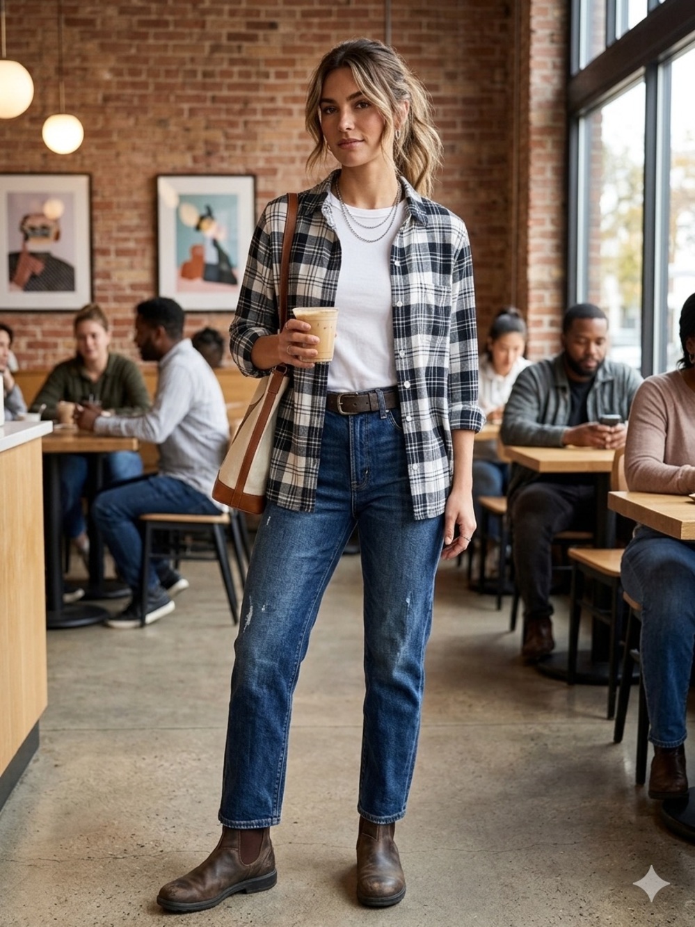 American Eagle Outfitters Beige and Black Plaid Shirt - Boyfriend Fit